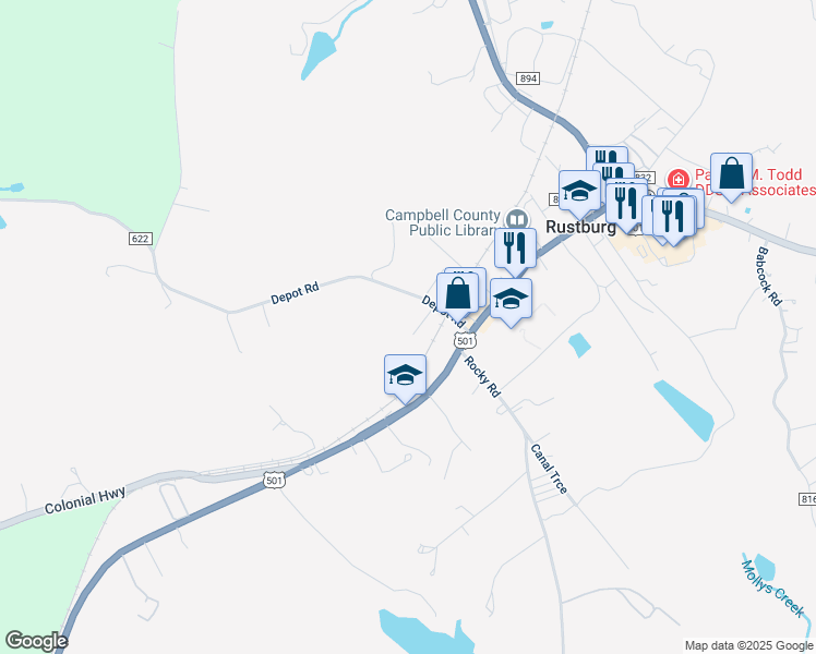 map of restaurants, bars, coffee shops, grocery stores, and more near 75 Withers Road in Rustburg