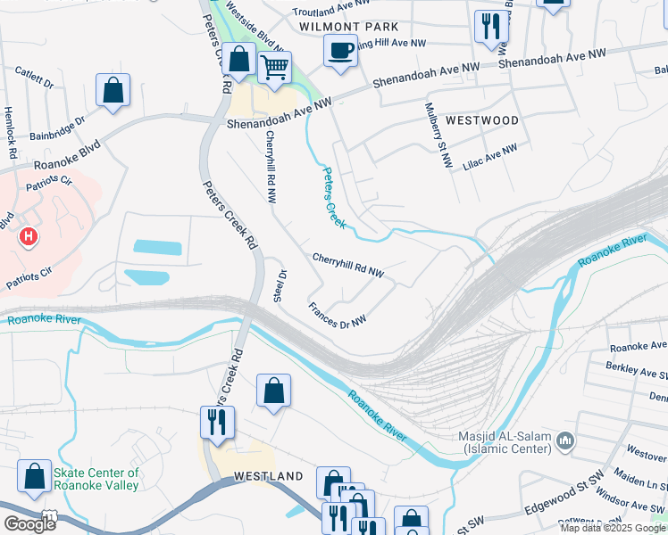 map of restaurants, bars, coffee shops, grocery stores, and more near 236 Cherryhill Road Northwest in Roanoke