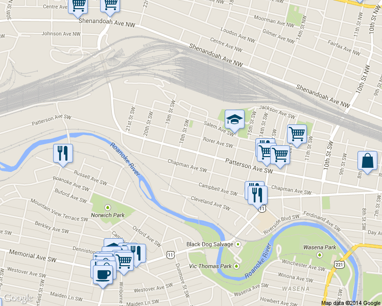 map of restaurants, bars, coffee shops, grocery stores, and more near 1710 Patterson Avenue Southwest in Roanoke