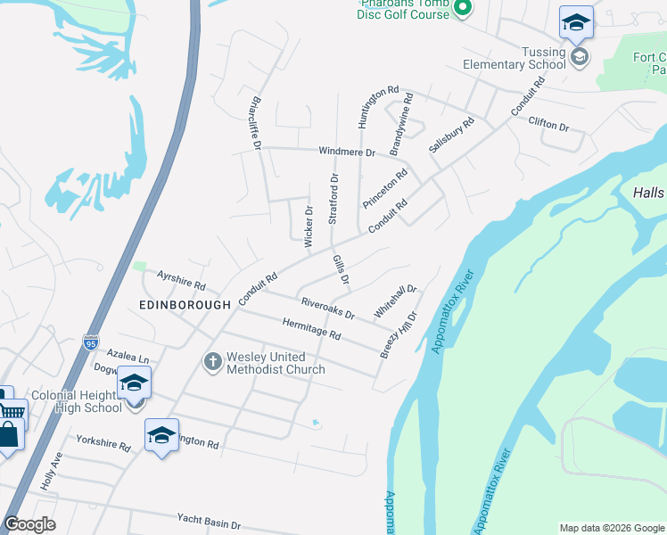 map of restaurants, bars, coffee shops, grocery stores, and more near 4548 Ridgecrest Lane in Colonial Heights