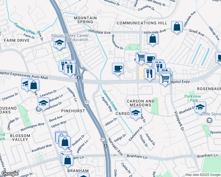 map of restaurants, bars, coffee shops, grocery stores, and more near 633 Yolo Court in San Jose