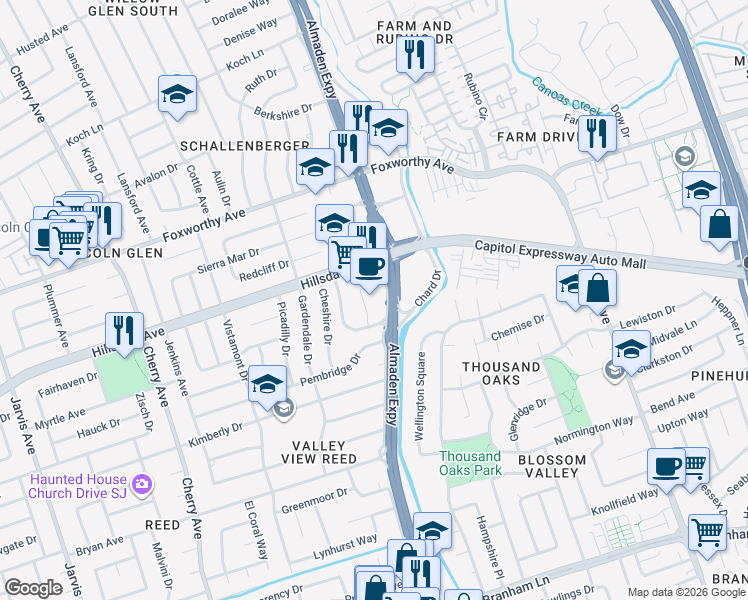map of restaurants, bars, coffee shops, grocery stores, and more near 3315 Almaden Expressway in San Jose