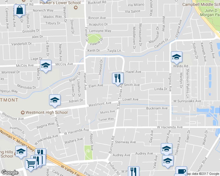 map of restaurants, bars, coffee shops, grocery stores, and more near 961 Jonathan Court in Campbell