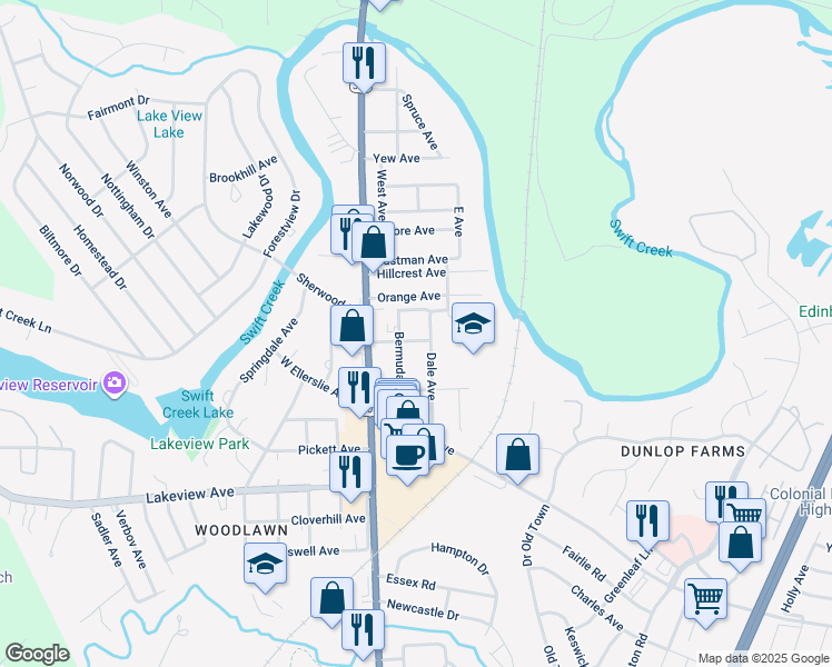 map of restaurants, bars, coffee shops, grocery stores, and more near 6 Beechwood Avenue in Colonial Heights