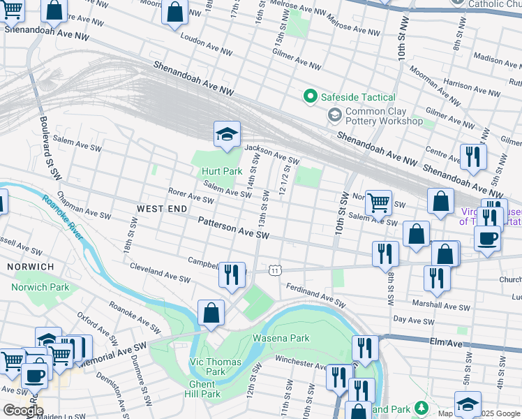 map of restaurants, bars, coffee shops, grocery stores, and more near 1301 Rorer Avenue Southwest in Roanoke