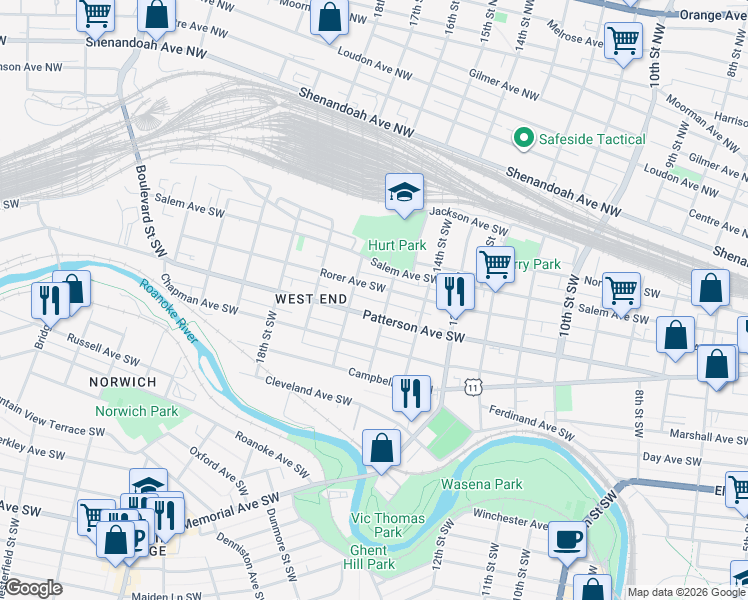 map of restaurants, bars, coffee shops, grocery stores, and more near 5514 Woodland Lane in Cave Spring
