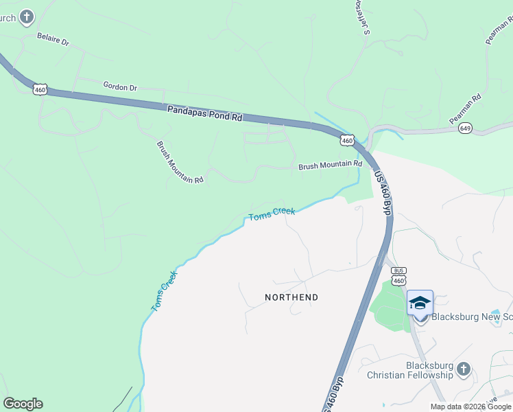 map of restaurants, bars, coffee shops, grocery stores, and more near 277 Brush Mountain Road in Blacksburg