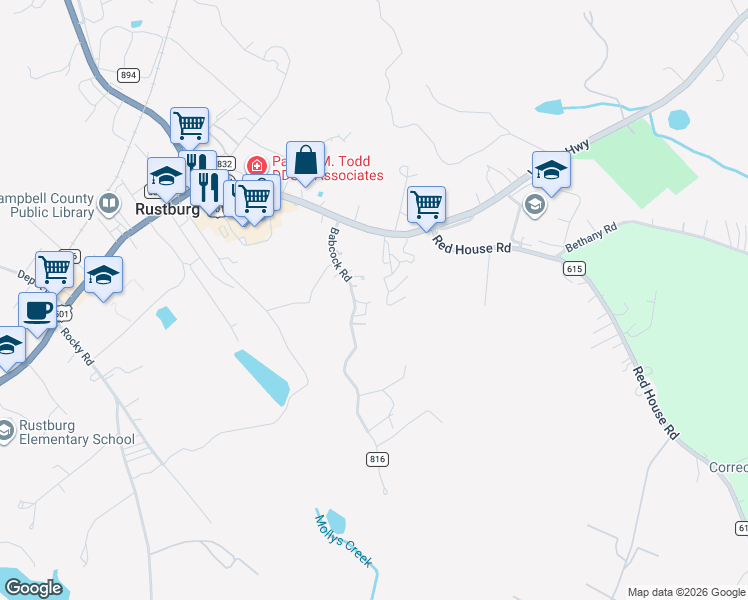 map of restaurants, bars, coffee shops, grocery stores, and more near 224 Babcock Road in Rustburg