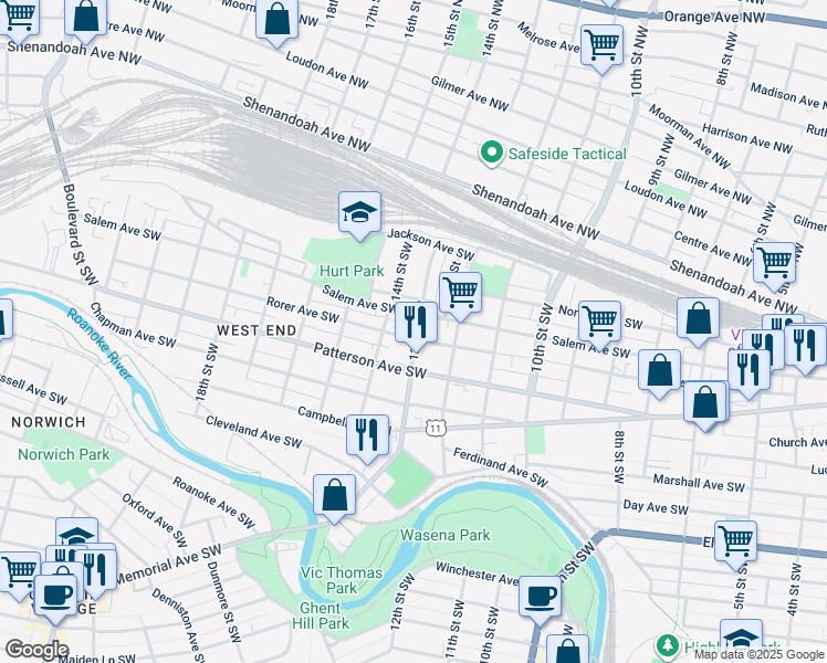 map of restaurants, bars, coffee shops, grocery stores, and more near 1301 Rorer Avenue Southwest in Roanoke