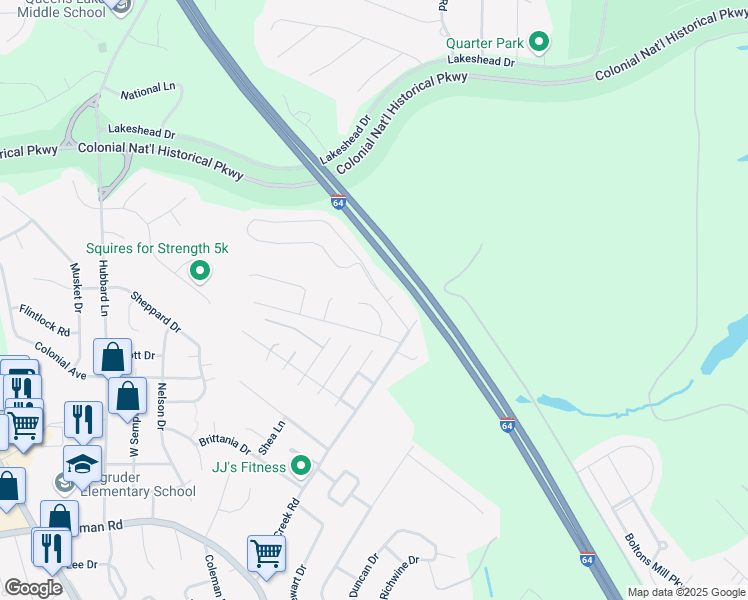 map of restaurants, bars, coffee shops, grocery stores, and more near 111 Oakmont Circle in Williamsburg
