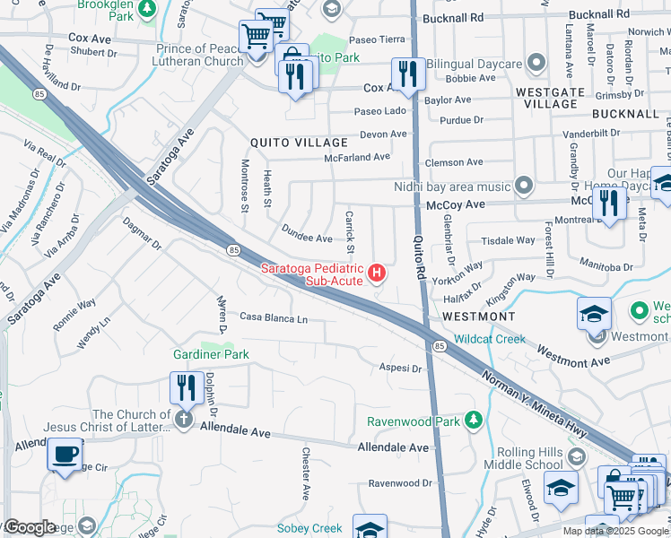 map of restaurants, bars, coffee shops, grocery stores, and more near 18732 Afton Avenue in Saratoga