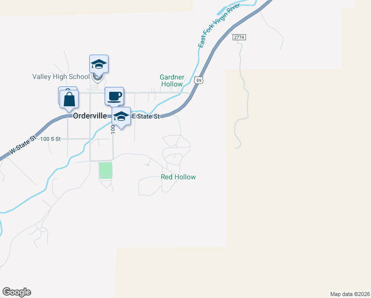 map of restaurants, bars, coffee shops, grocery stores, and more near 421 White Sands Way in Orderville