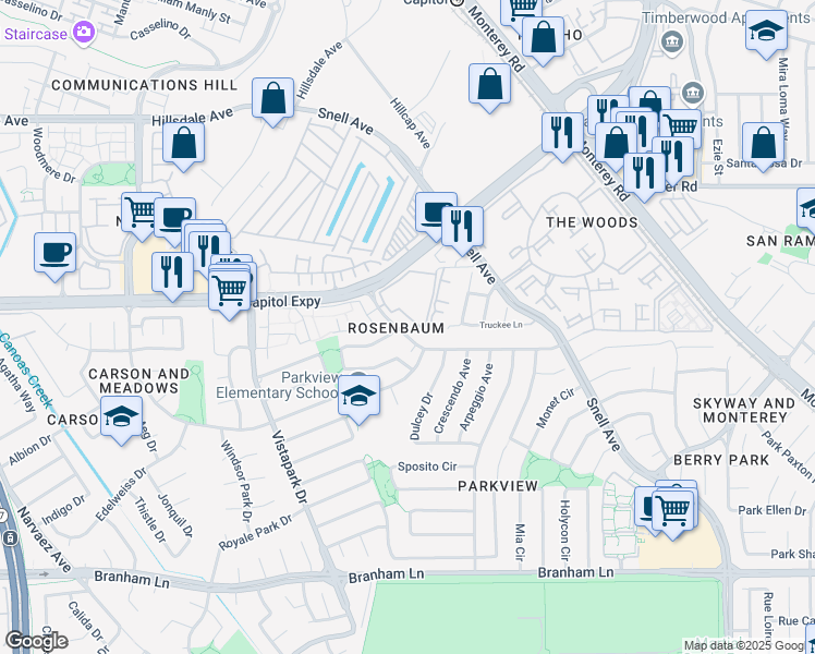 map of restaurants, bars, coffee shops, grocery stores, and more near 4118 Rosenbaum Avenue in San Jose