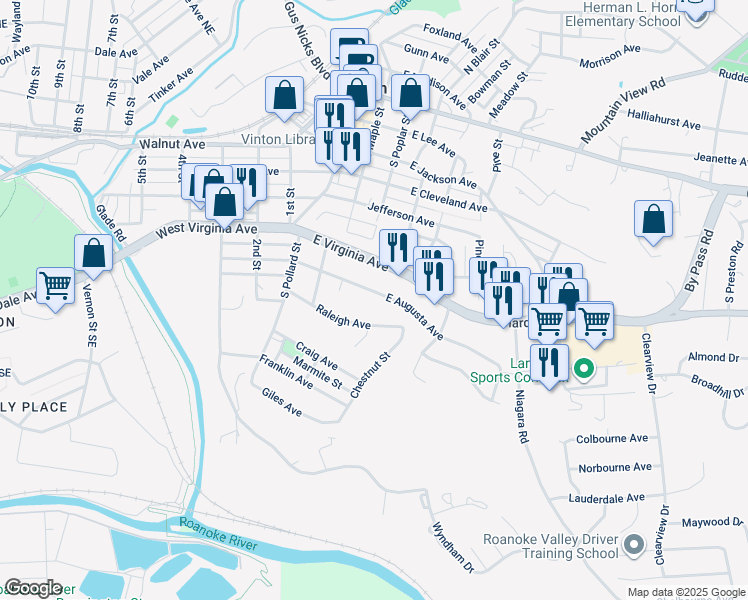 map of restaurants, bars, coffee shops, grocery stores, and more near 351 East Augusta Avenue in Vinton