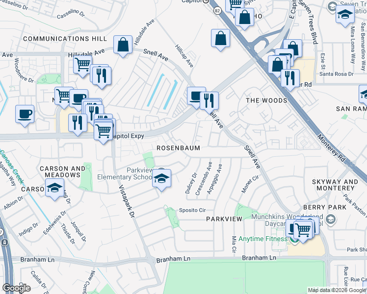 map of restaurants, bars, coffee shops, grocery stores, and more near 4118 Rosenbaum Avenue in San Jose
