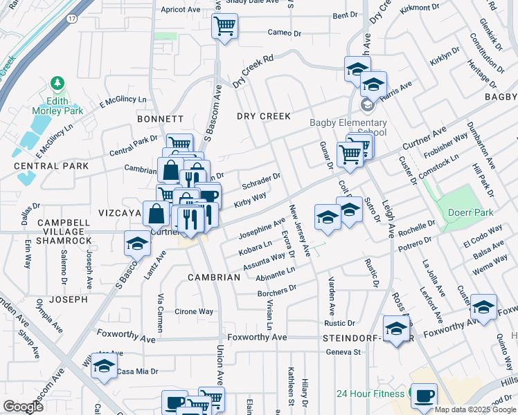 map of restaurants, bars, coffee shops, grocery stores, and more near 1971 Curtner Avenue in San Jose