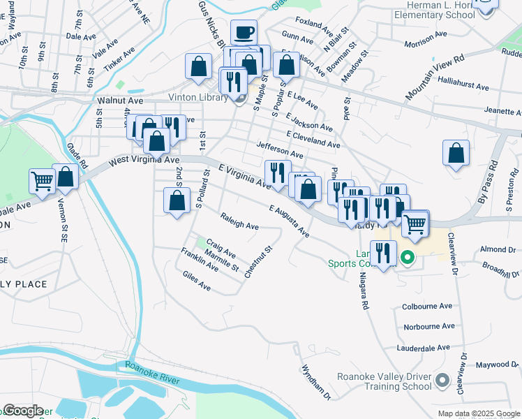 map of restaurants, bars, coffee shops, grocery stores, and more near 351 East Augusta Avenue in Vinton
