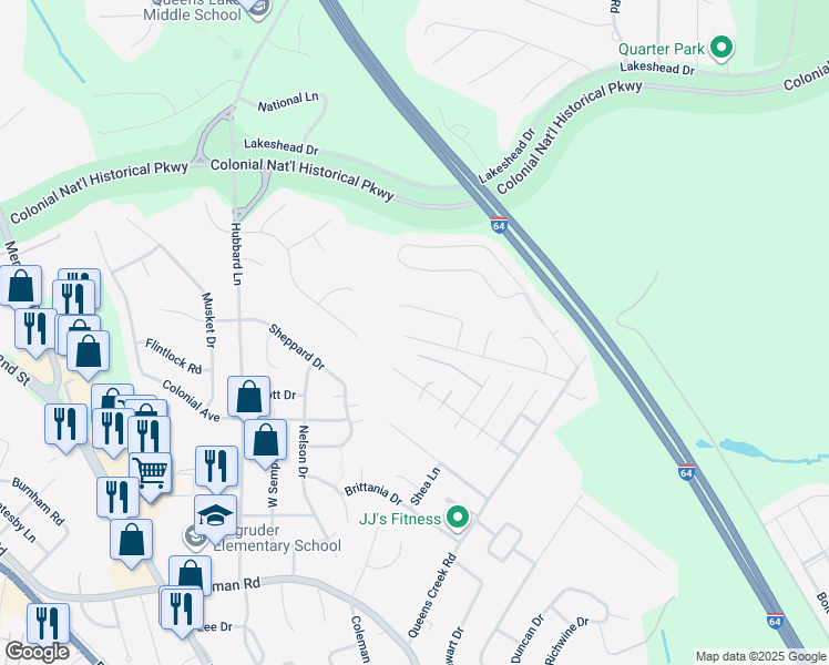 map of restaurants, bars, coffee shops, grocery stores, and more near 211 Springfield Drive in Williamsburg