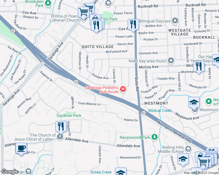 map of restaurants, bars, coffee shops, grocery stores, and more near 18732 Afton Avenue in Saratoga