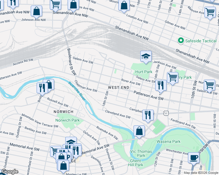 map of restaurants, bars, coffee shops, grocery stores, and more near 1730 Patterson Avenue Southwest in Roanoke