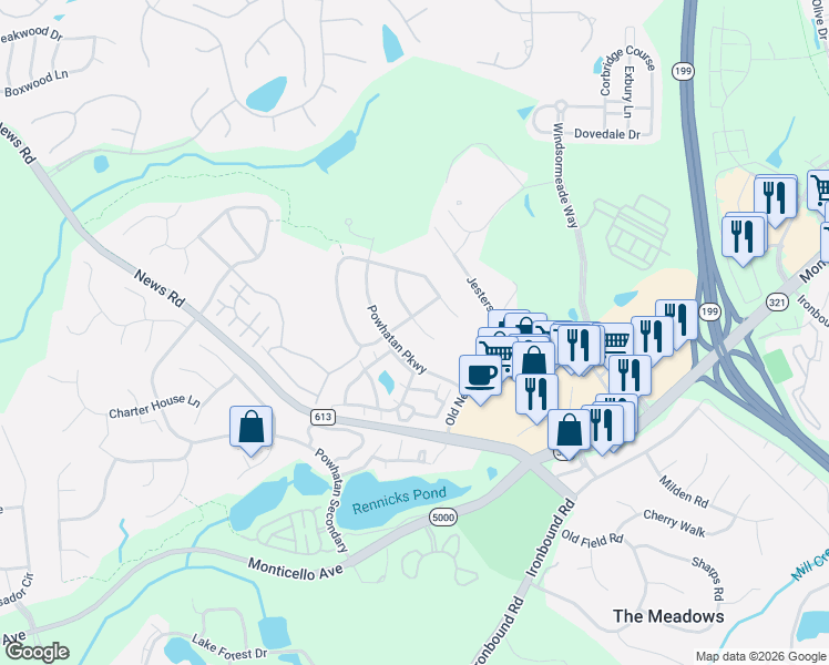 map of restaurants, bars, coffee shops, grocery stores, and more near 4004 Cold Spring Road in Williamsburg