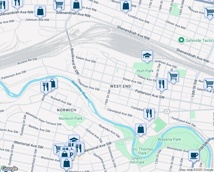 map of restaurants, bars, coffee shops, grocery stores, and more near 1802 Patterson Avenue Southwest in Roanoke