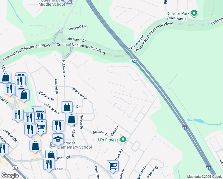 map of restaurants, bars, coffee shops, grocery stores, and more near 211 Springfield Drive in Williamsburg