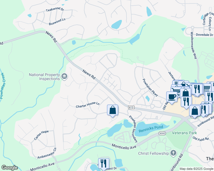 map of restaurants, bars, coffee shops, grocery stores, and more near 4509 Basswood Way in Williamsburg