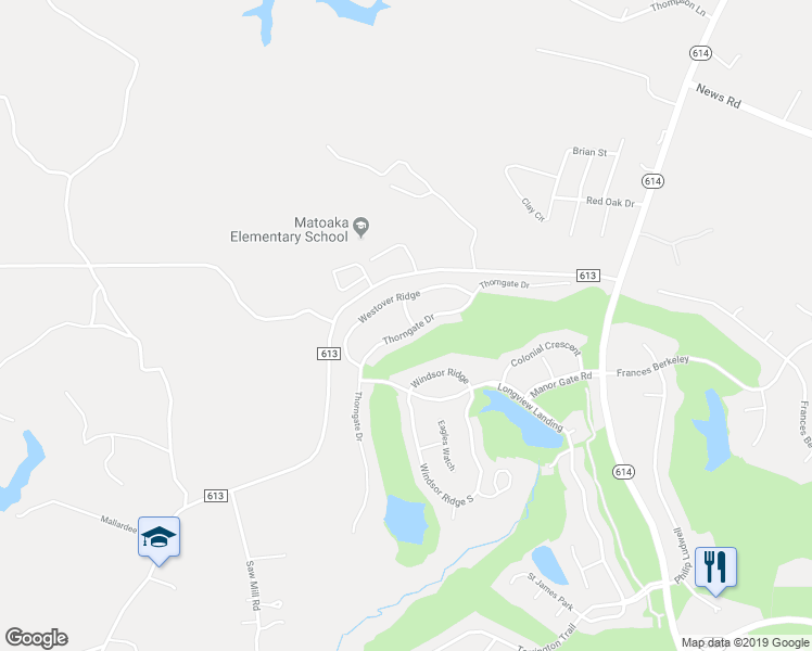 map of restaurants, bars, coffee shops, grocery stores, and more near 4035 Thorngate Drive in Williamsburg