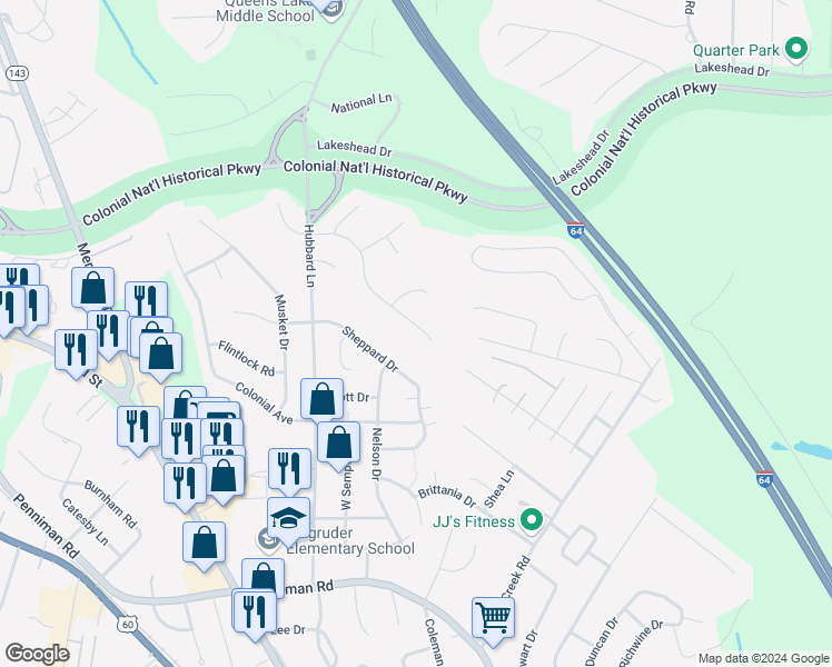 map of restaurants, bars, coffee shops, grocery stores, and more near 408 Cobble Stone in Williamsburg
