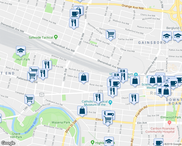 map of restaurants, bars, coffee shops, grocery stores, and more near 701 Norfolk Avenue Southwest in Roanoke