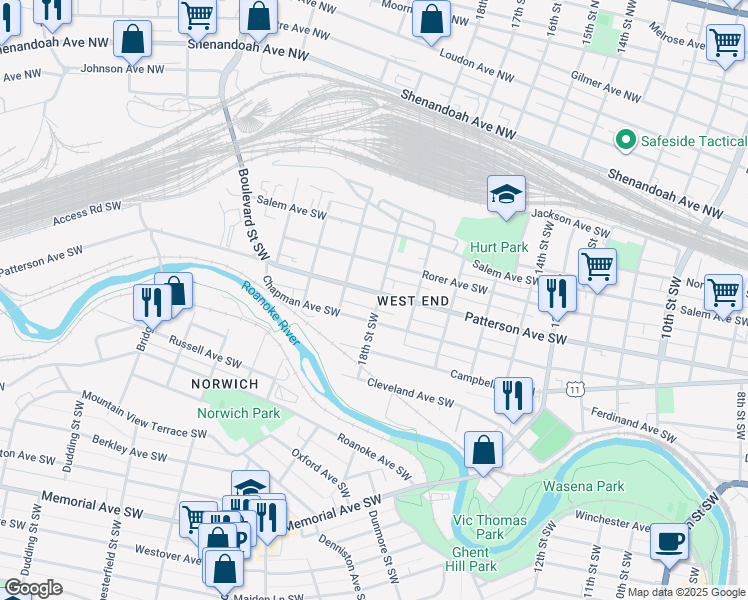 map of restaurants, bars, coffee shops, grocery stores, and more near 1802 Patterson Avenue Southwest in Roanoke