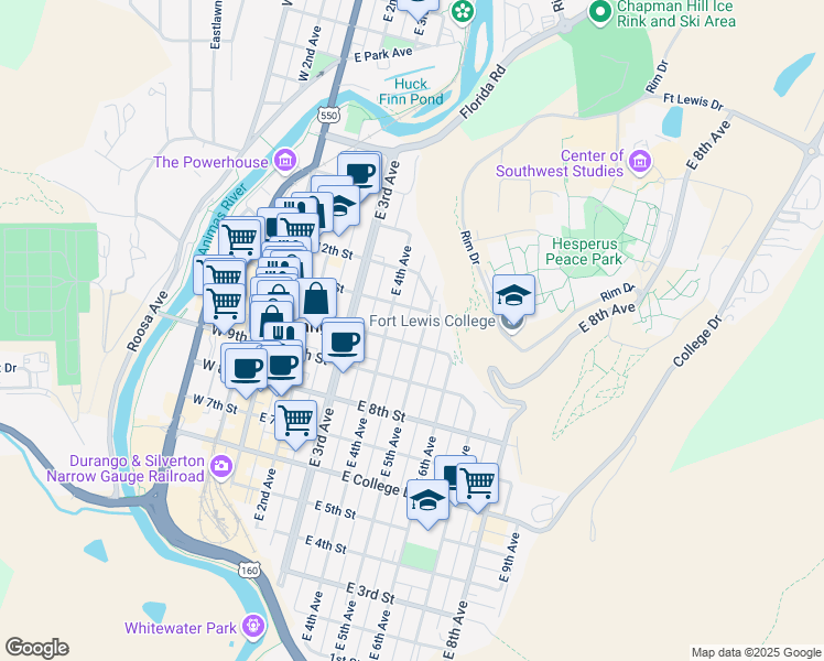 map of restaurants, bars, coffee shops, grocery stores, and more near 443 East 10th Street in Durango