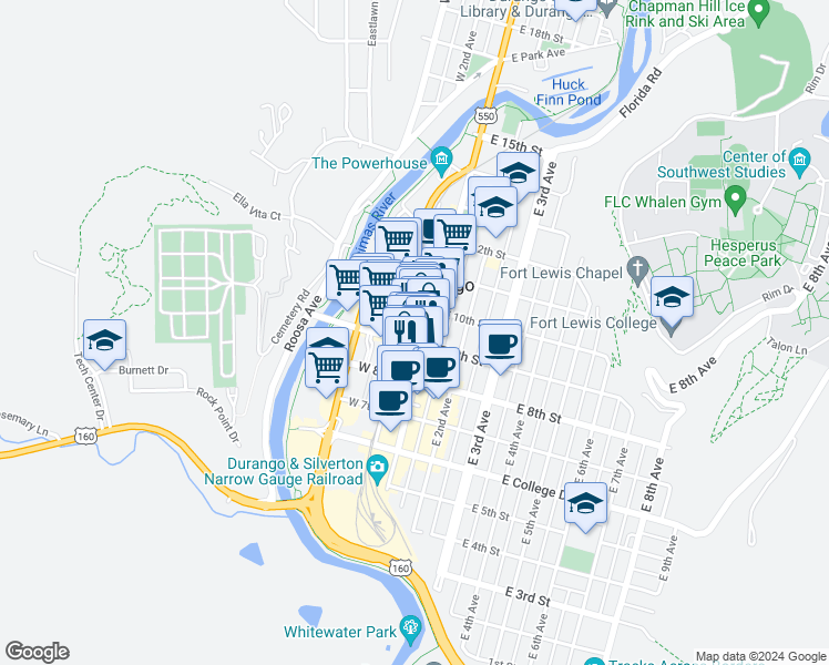 map of restaurants, bars, coffee shops, grocery stores, and more near 145 West 9th Street in Durango