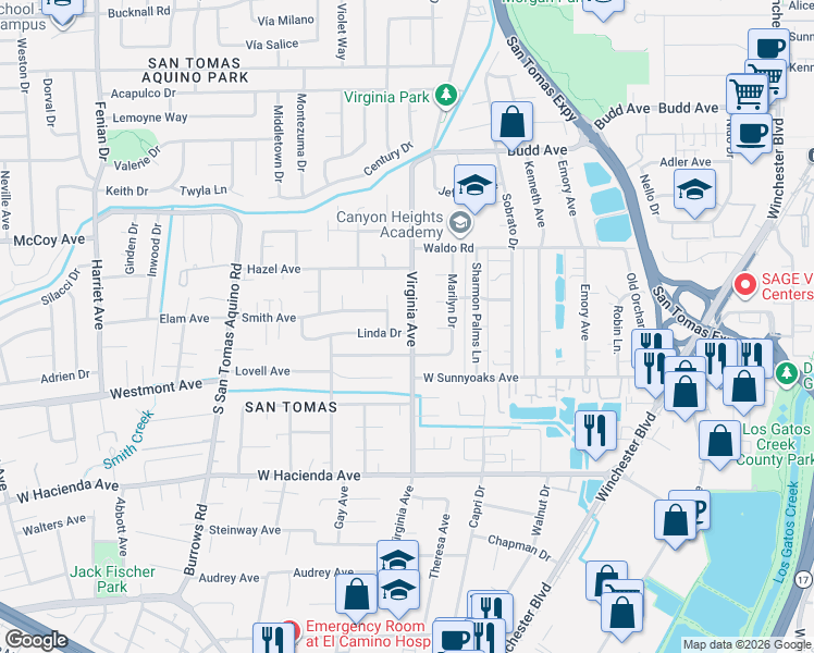 map of restaurants, bars, coffee shops, grocery stores, and more near 926 Linda Drive in Campbell