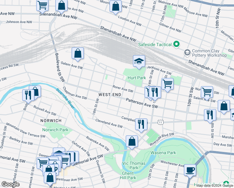 map of restaurants, bars, coffee shops, grocery stores, and more near in Roanoke