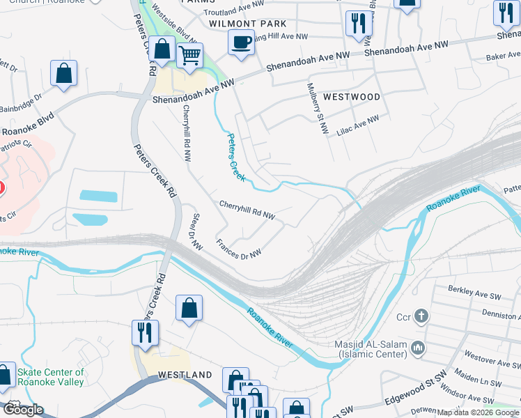 map of restaurants, bars, coffee shops, grocery stores, and more near 204 Cherryhill Road Northwest in Roanoke