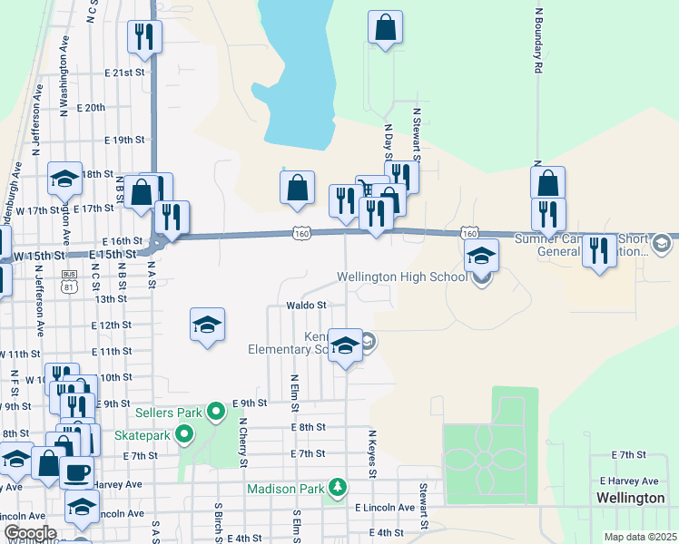 map of restaurants, bars, coffee shops, grocery stores, and more near 900 North Woodlawn Street in Wellington