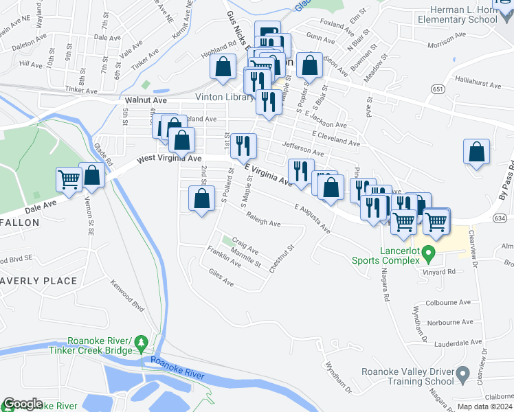 map of restaurants, bars, coffee shops, grocery stores, and more near 234 Raleigh Avenue in Vinton