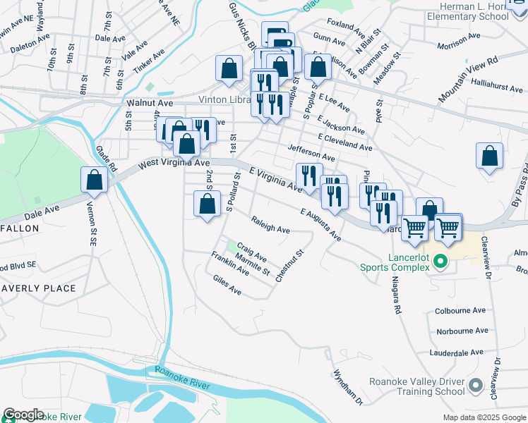 map of restaurants, bars, coffee shops, grocery stores, and more near 234 Raleigh Avenue in Vinton