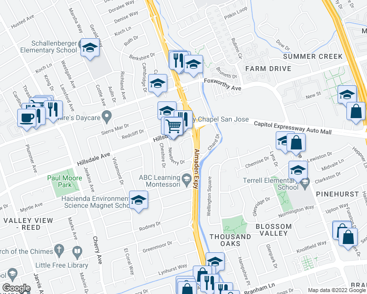 map of restaurants, bars, coffee shops, grocery stores, and more near 3315 Almaden Expressway in San Jose