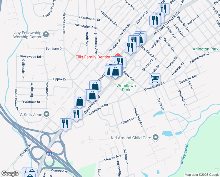 map of restaurants, bars, coffee shops, grocery stores, and more near 3608 Oaklawn Boulevard in Hopewell