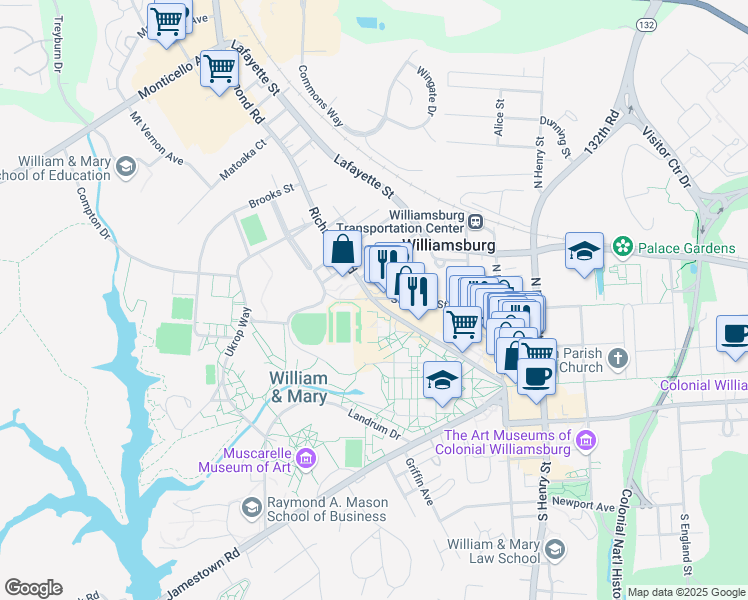 map of restaurants, bars, coffee shops, grocery stores, and more near 372 Richmond Road in Williamsburg