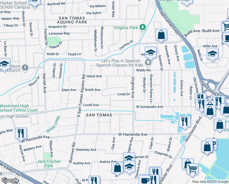 map of restaurants, bars, coffee shops, grocery stores, and more near 1025 Linda Drive in Campbell