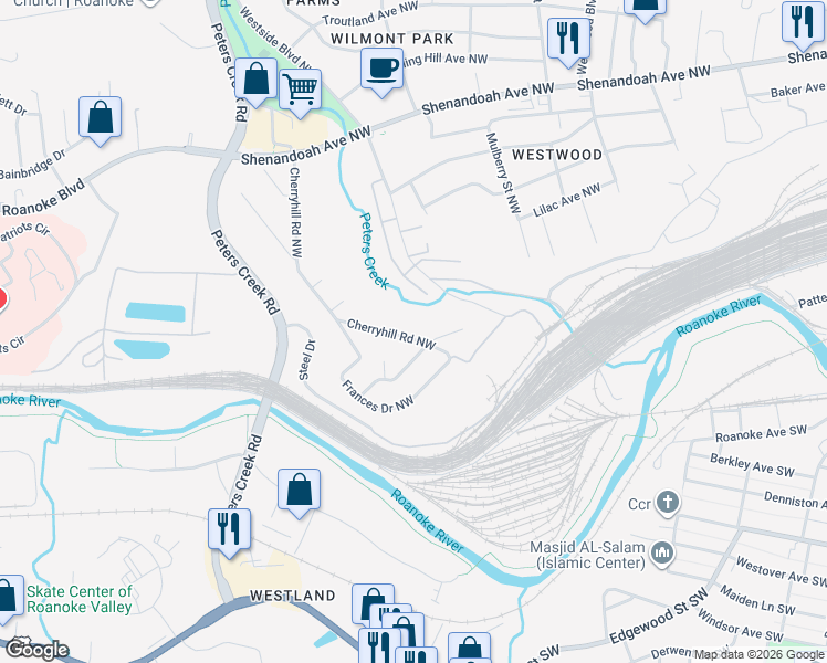 map of restaurants, bars, coffee shops, grocery stores, and more near 204 Cherryhill Road Northwest in Roanoke