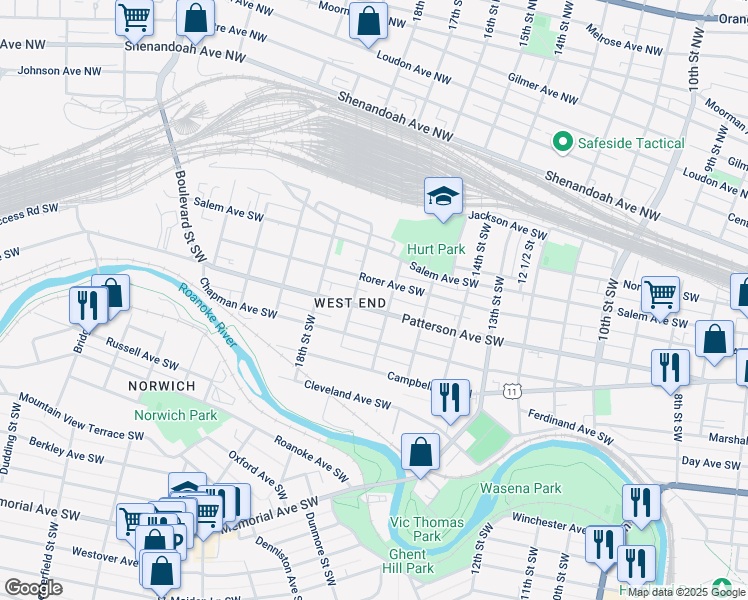 map of restaurants, bars, coffee shops, grocery stores, and more near 1613 Patterson Avenue Southwest in Roanoke
