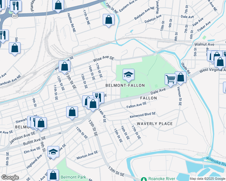 map of restaurants, bars, coffee shops, grocery stores, and more near 510 18th Street Southeast in Roanoke