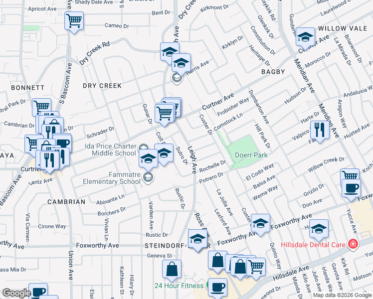 map of restaurants, bars, coffee shops, grocery stores, and more near 2651 Leigh Avenue in San Jose