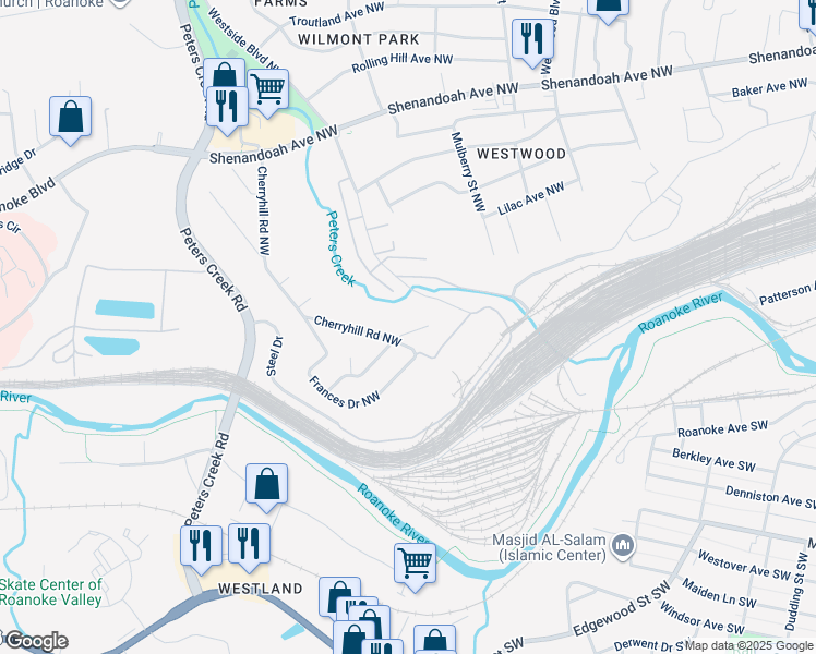 map of restaurants, bars, coffee shops, grocery stores, and more near 121 Cherryhill Circle Northwest in Roanoke