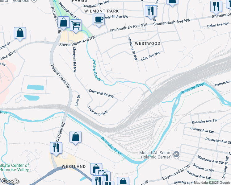 map of restaurants, bars, coffee shops, grocery stores, and more near 121 Cherryhill Circle Northwest in Roanoke